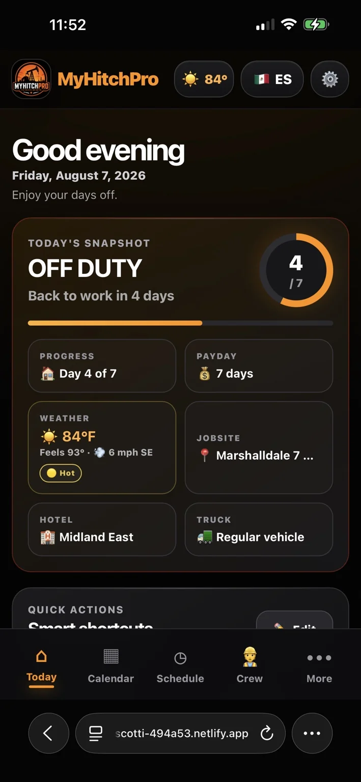 MyHitchPro Today dashboard